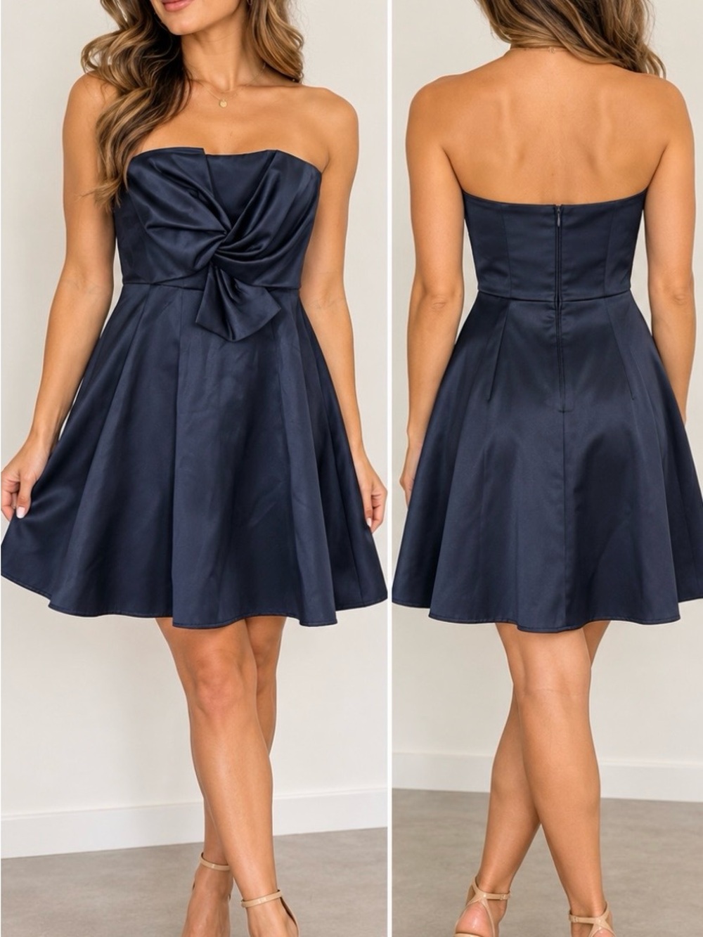 H&M Navy Satin Strapless Draped Twist Cocktail Dress Size 6 💙
